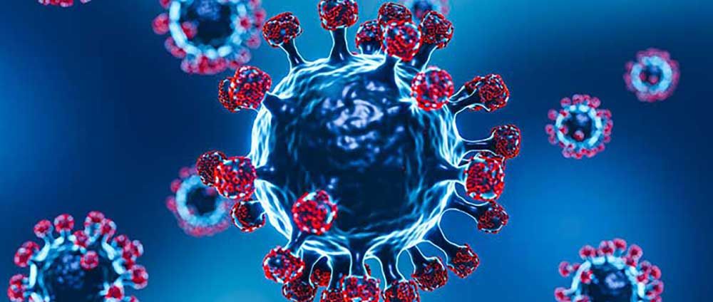 Illustration of the coronavirus (COVID-19) showing a spherical virus particle with red spike proteins on a blue background.